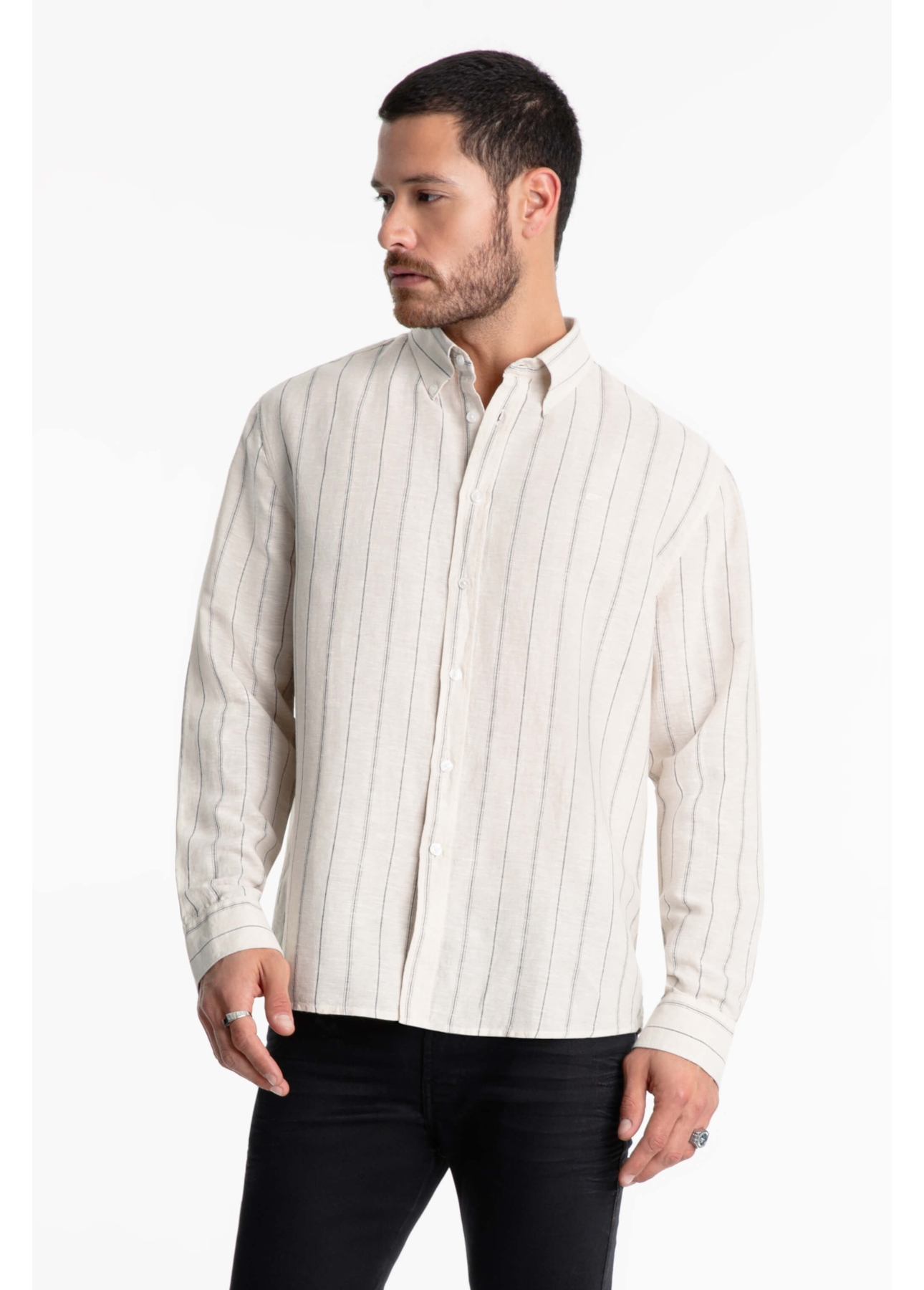 Camisa Linho Stripe Mark Classic Areia