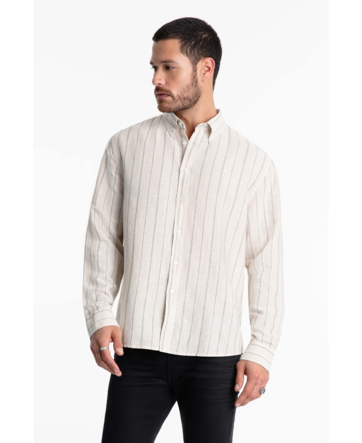 Camisa Linho Stripe Mark Classic Areia