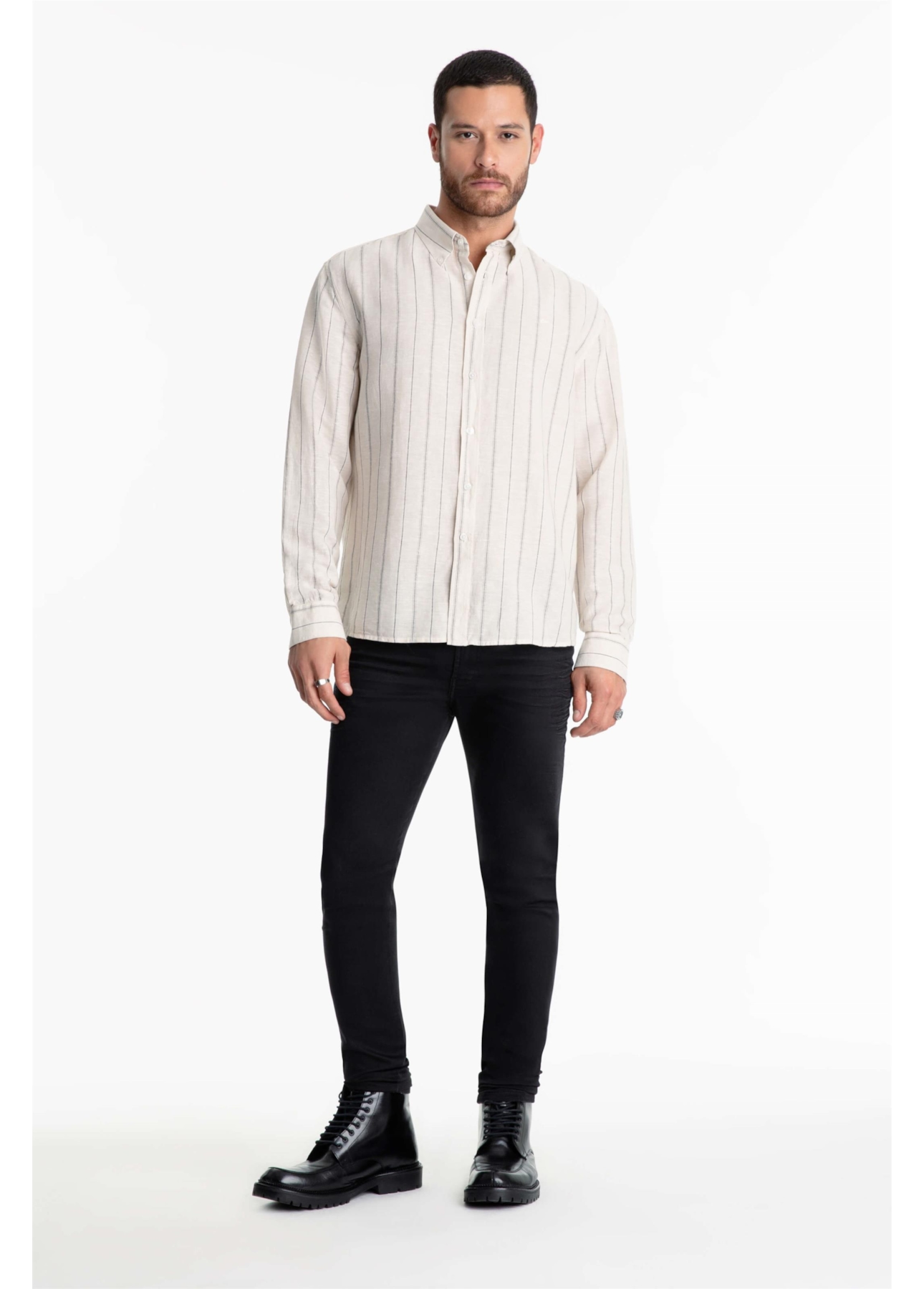 Camisa Linho Stripe Mark Classic Areia