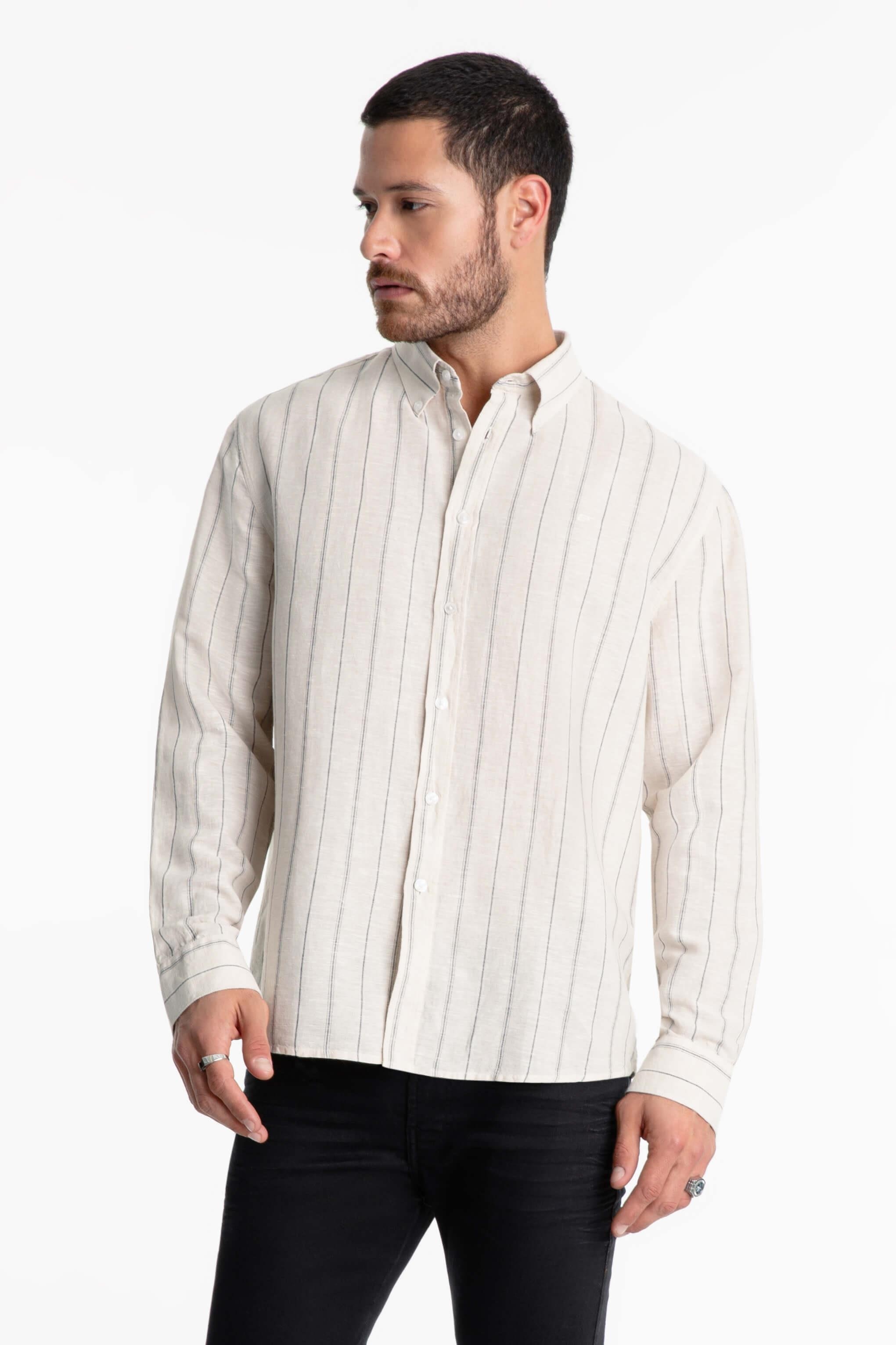 Camisa Linho Stripe Mark Classic Areia