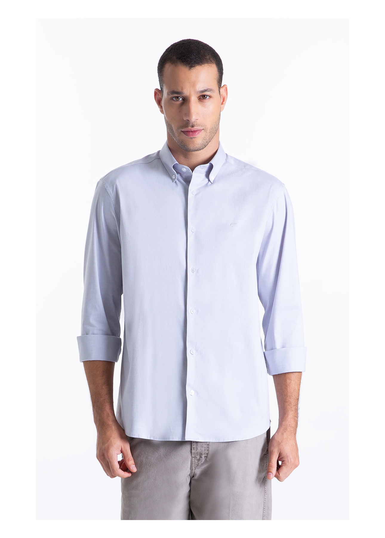 Camisa Oxfordine Slim Button Down Cinza Claro