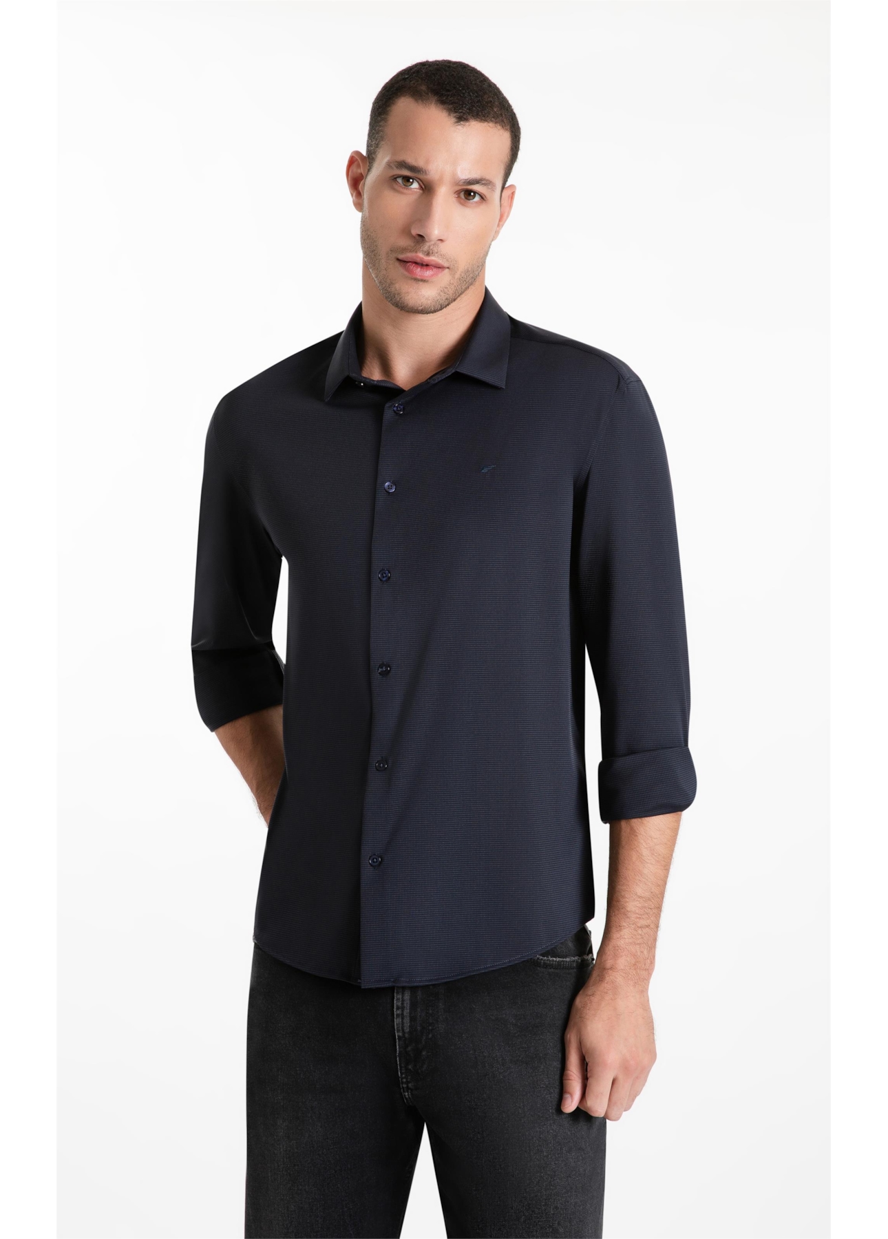 Camisa Tech Jersey Squares Slim Xangai Ml Dark Navy