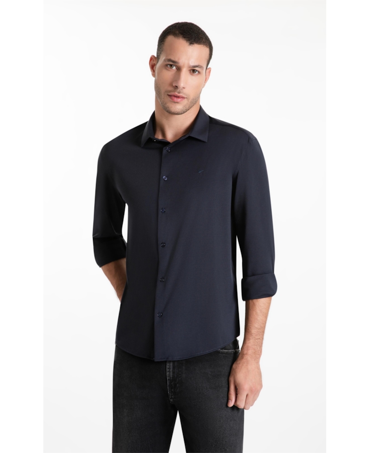 Camisa Tech Jersey Squares Slim Xangai Ml Dark Navy