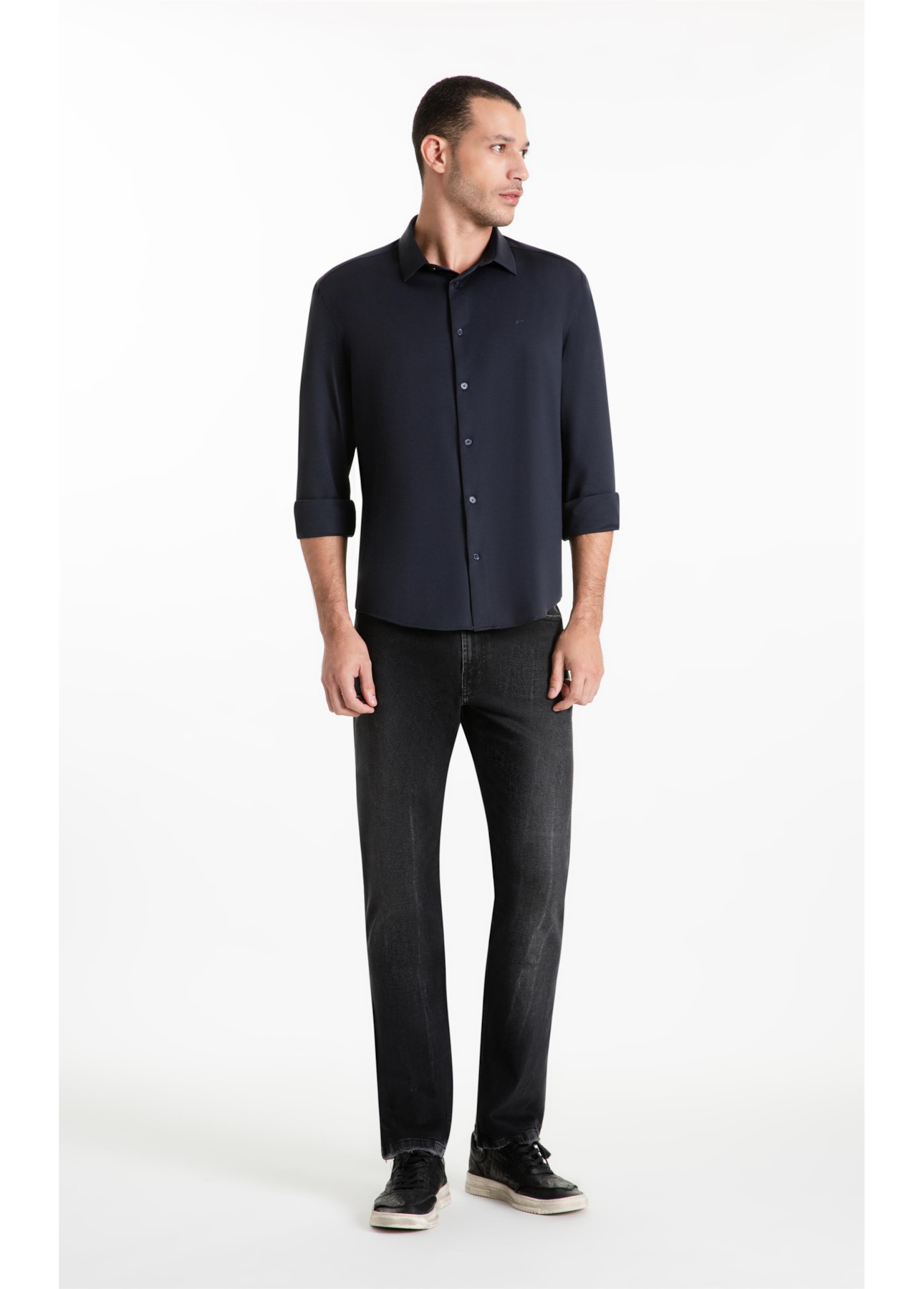 Camisa Tech Jersey Squares Slim Xangai Ml Dark Navy