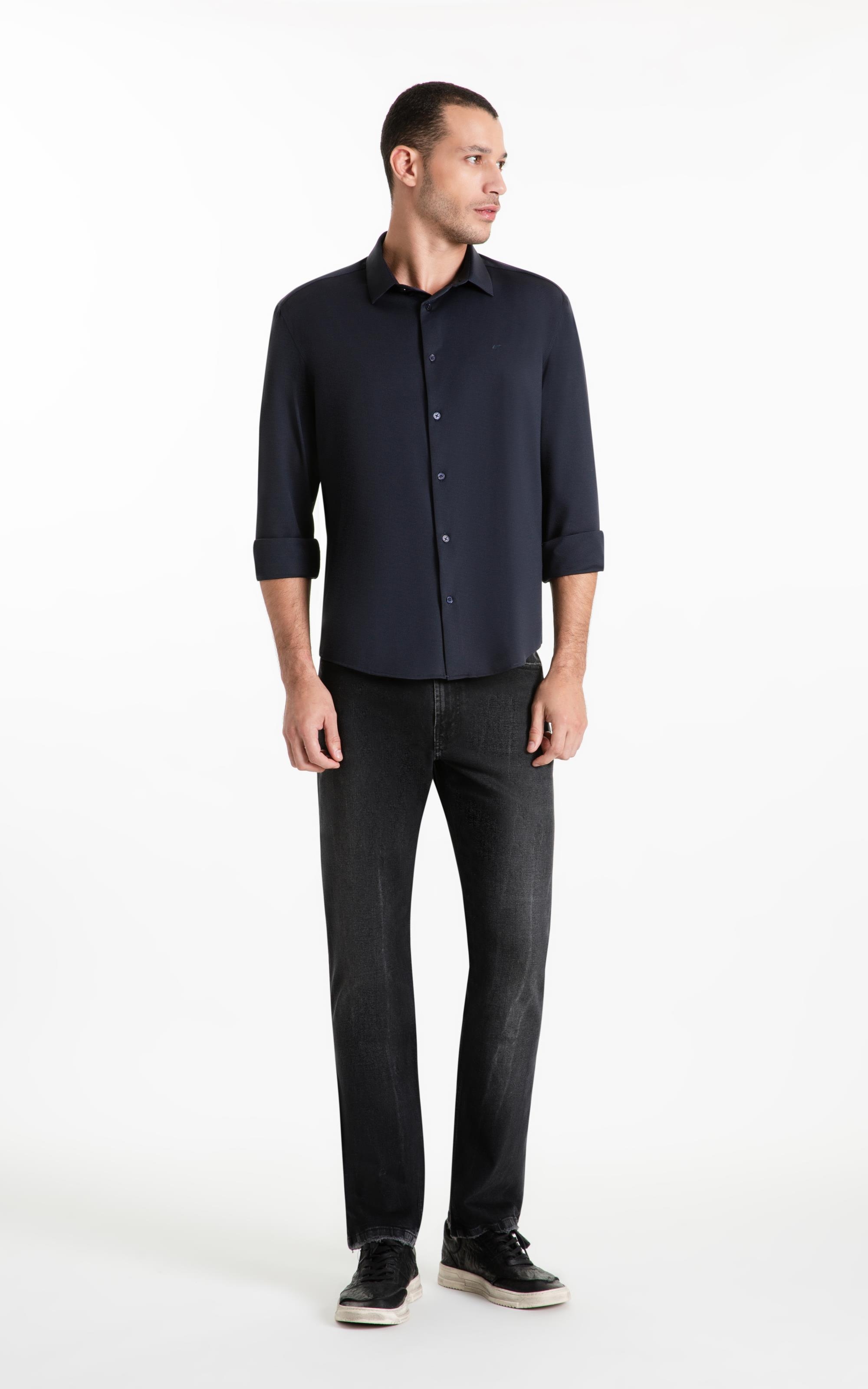 シャツ Camisa Tech Jersey Squares Slim Xangai Ml Dark Navy
