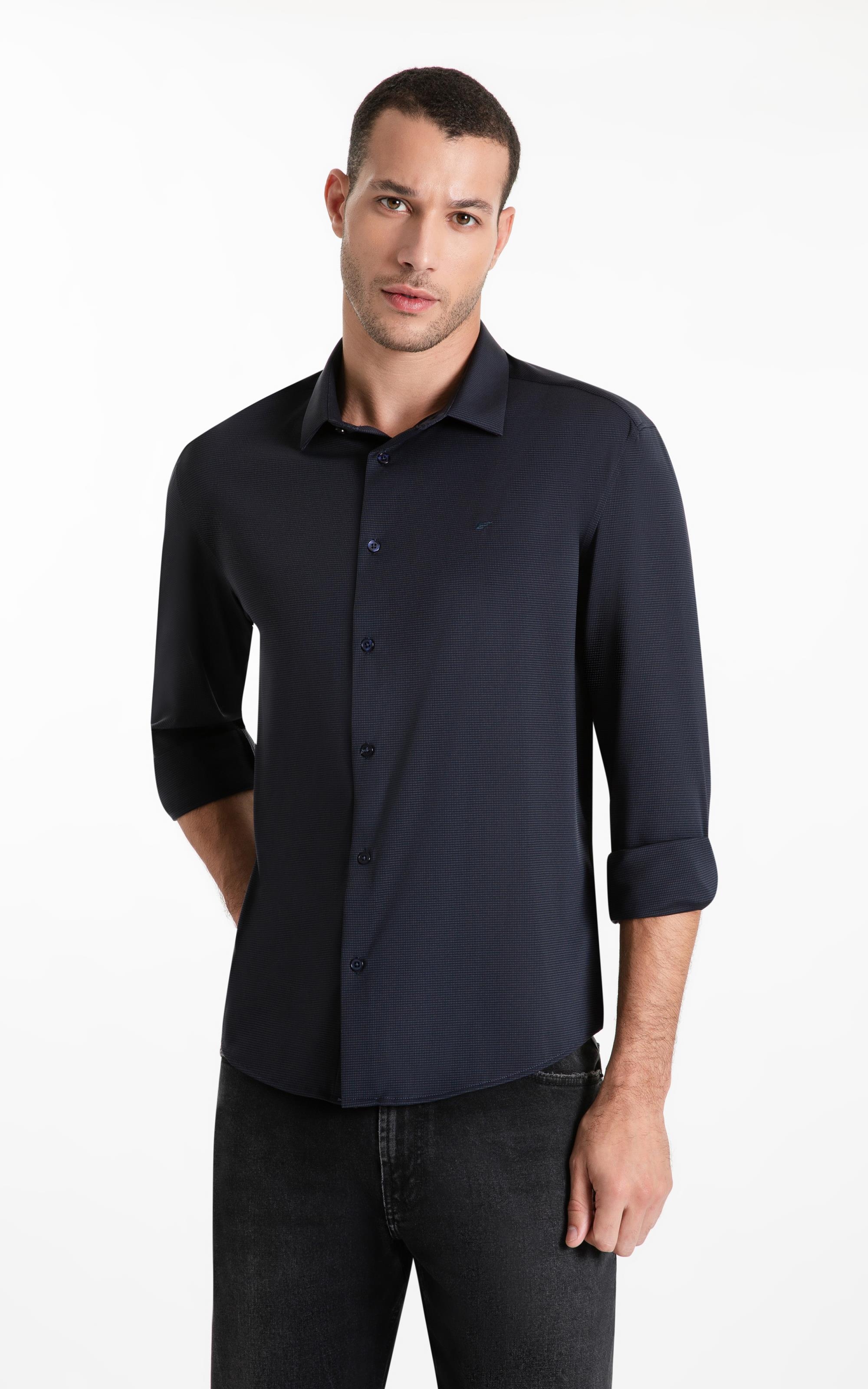 Camisa Tech Jersey Squares Slim Xangai Ml Dark Navy