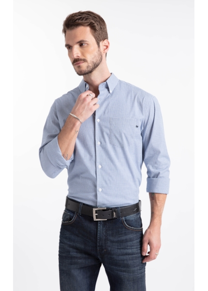 Camisa Tricoline Cygnus Slim Button Down Azul Pervante