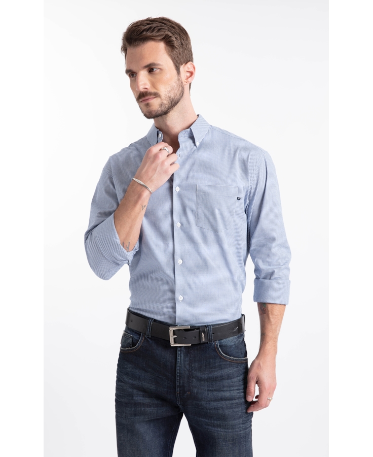 Camisa Tricoline Cygnus Slim Button Down Azul Pervante