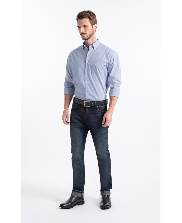 Camisa Tricoline Cygnus Slim Button Down Azul Pervante