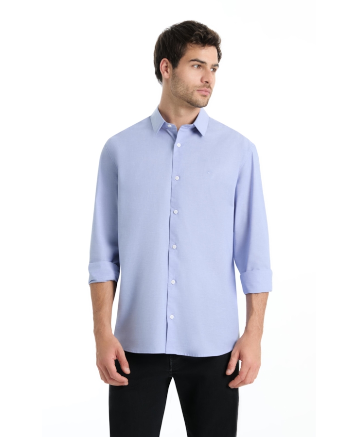 Camisa Tricoline Fil a Fil Moli Azul Pervante