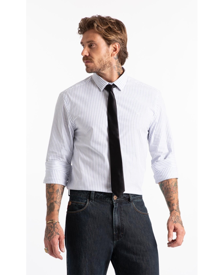 Camisa Tricoline  Foligno Slim Xangai Azul Jeans