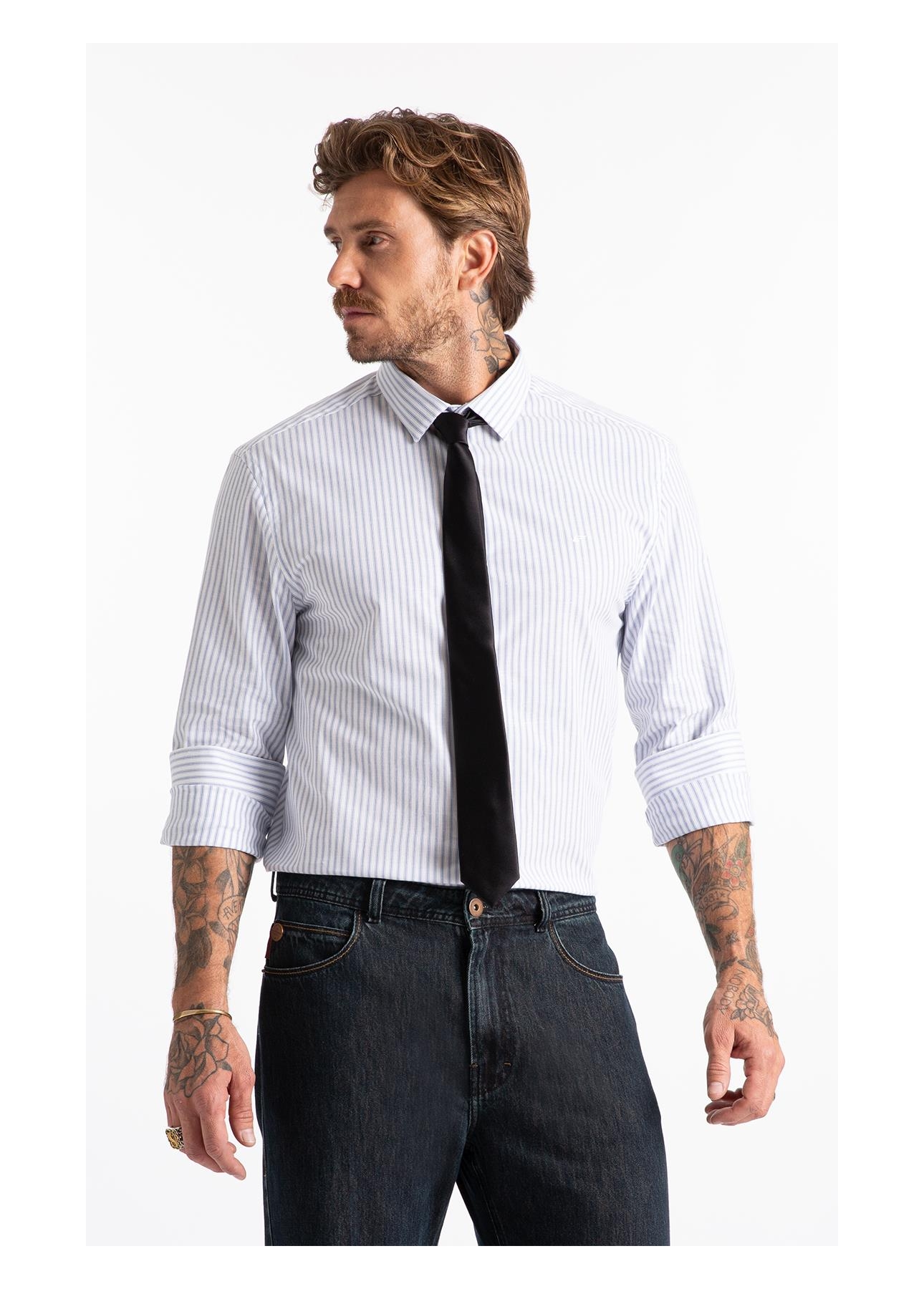 Camisa Tricoline  Foligno Slim Xangai Azul Jeans