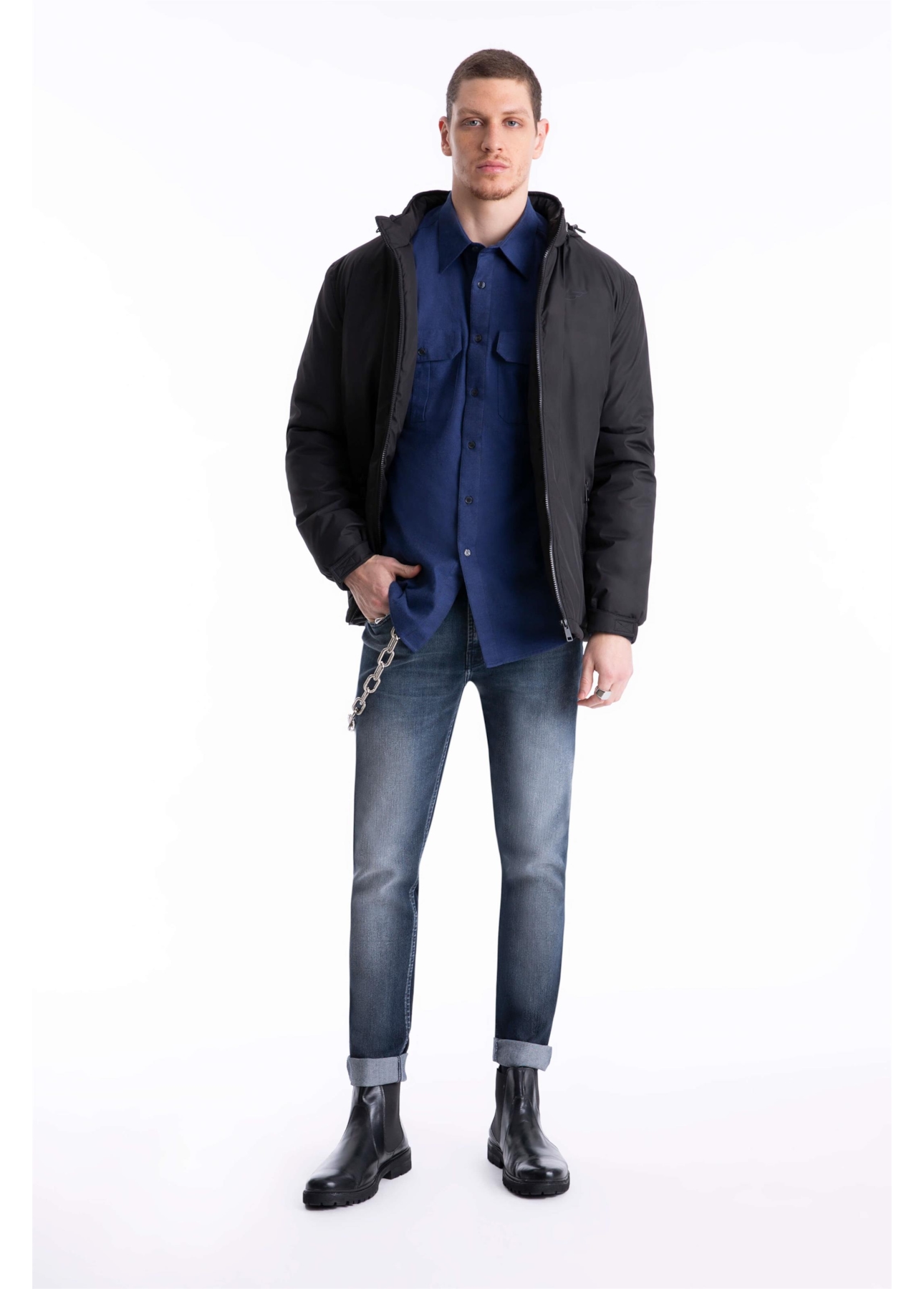 Camisa Wool Touch Chevron Over Dark Navy