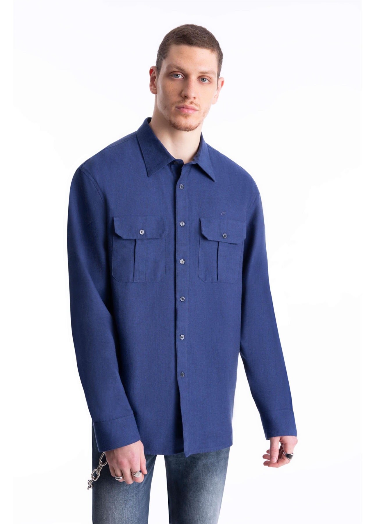 Camisa Wool Touch Chevron Over Dark Navy