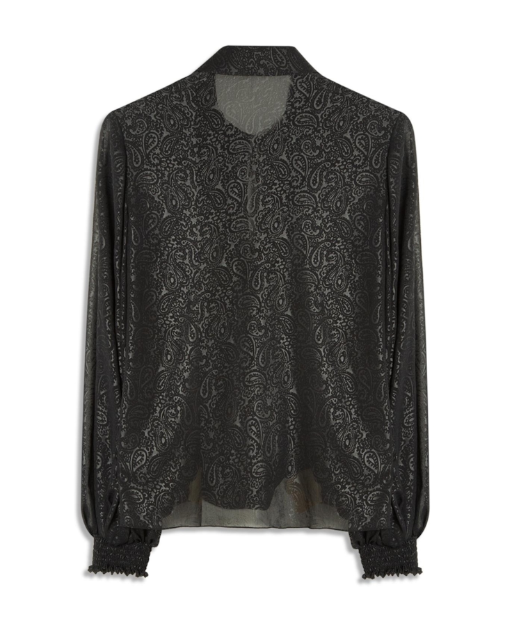 Chiffon Pasley Shirt Puff Sleeves Preto
