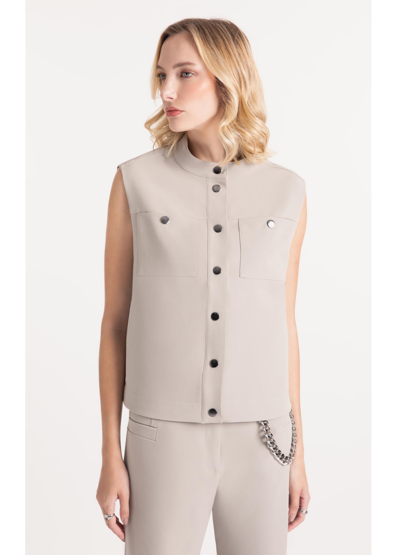 Colete Double Color Pockets And Snap Cinza Claro