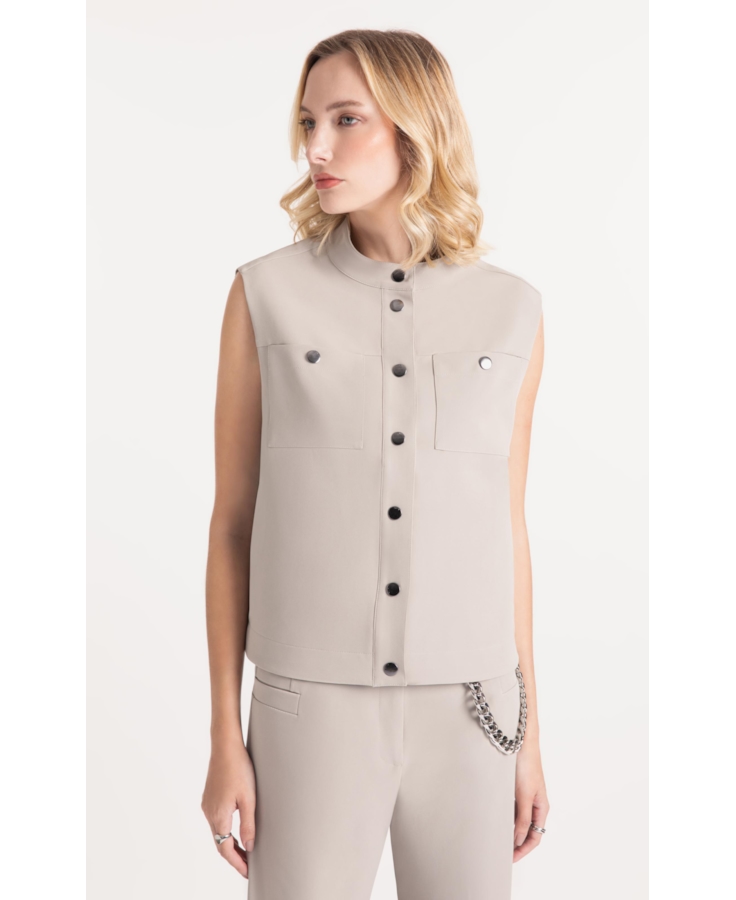 Colete Double Color Pockets And Snap Cinza Claro