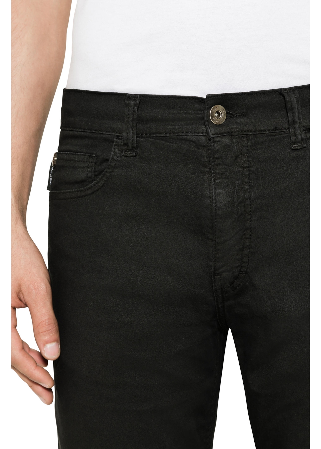 Color Satin Straight 5-Pckts Et.Couro Preto