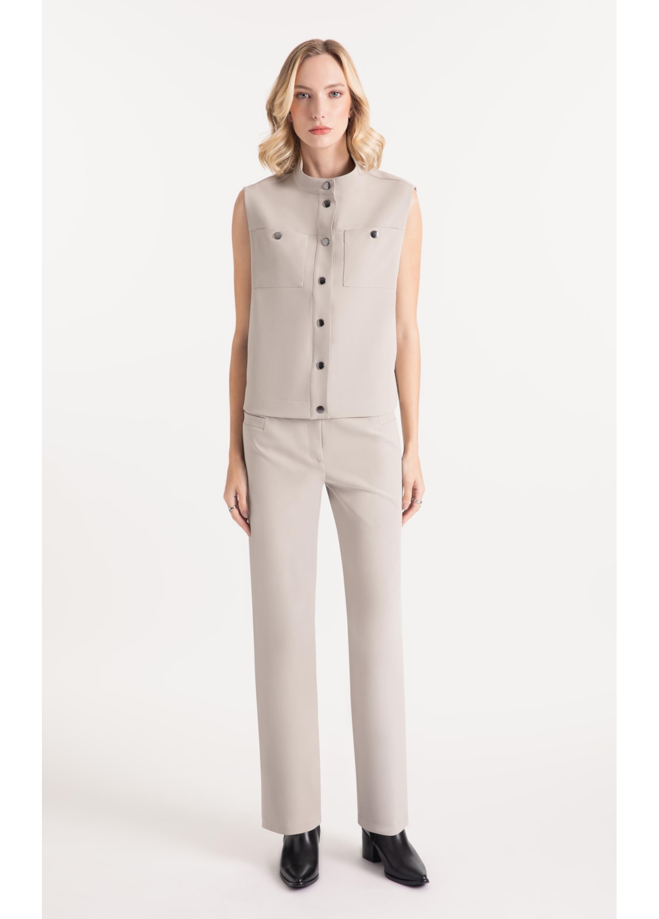 Double Color Pockets And Snap Buttons Cinza Claro