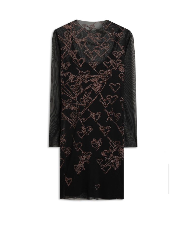 Ellus Tule Glitter Hearts Dress Preto