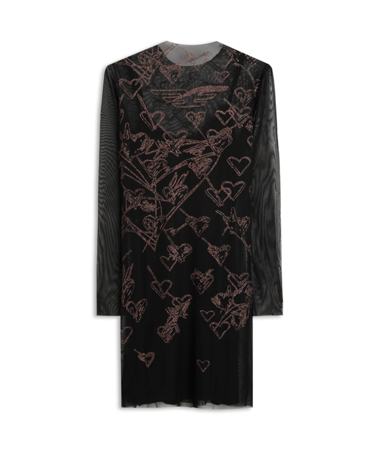 Ellus Tule Glitter Hearts Dress Preto