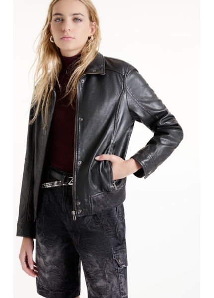 Jaqueta Nat Leather Bomber Ribbed Preto