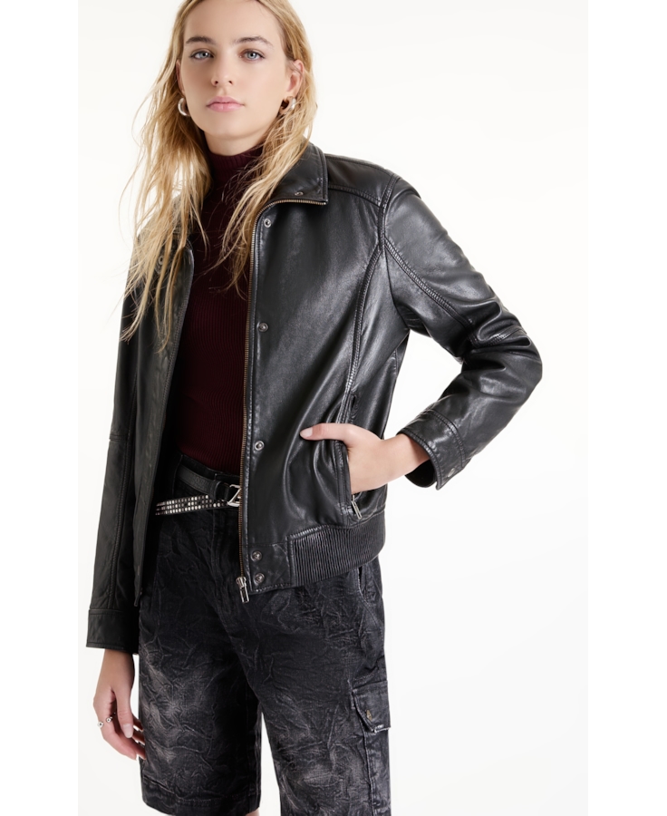 Jaqueta Nat Leather Bomber Ribbed Preto