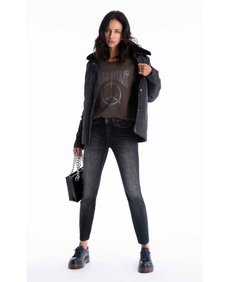 Jaqueta Nylon Ribbon Fur Collar Preto
