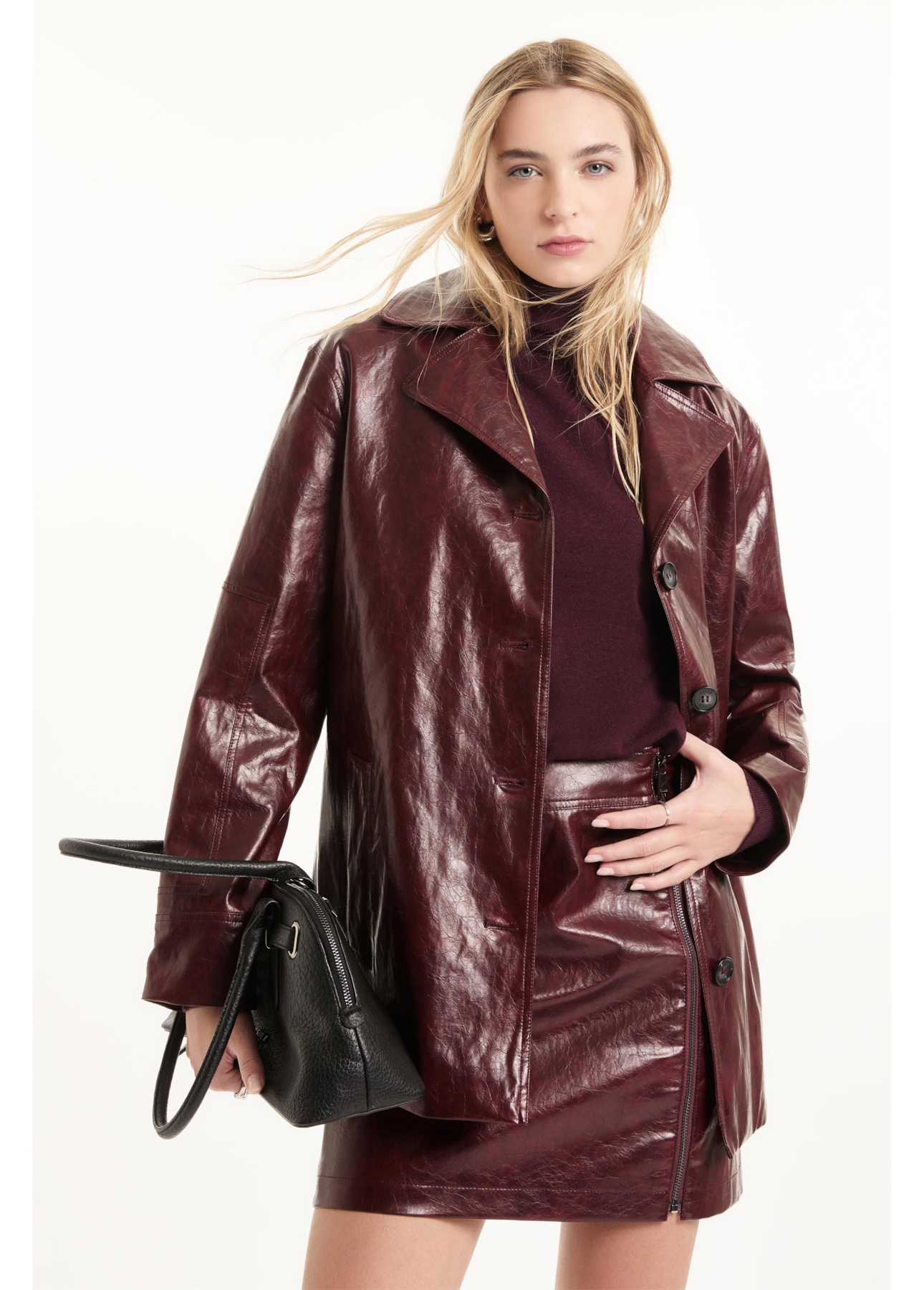 Jaqueta Overcoat Vegan Leather Bordeaux