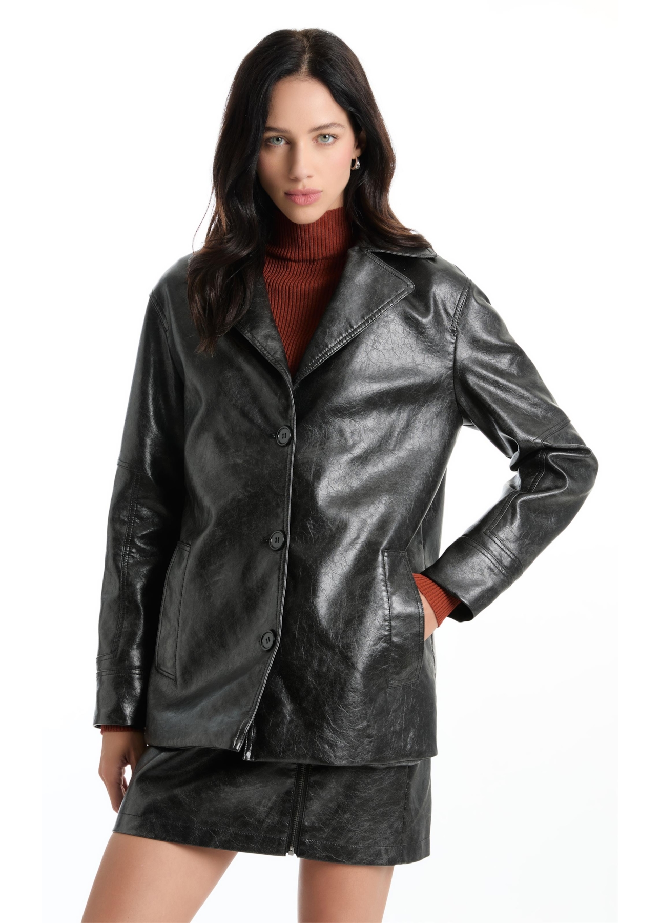 Jaqueta Overcoat Vegan Leather Preto