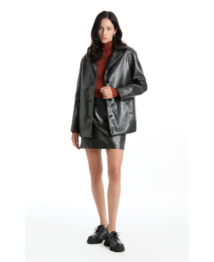 Jaqueta Overcoat Vegan Leather Preto