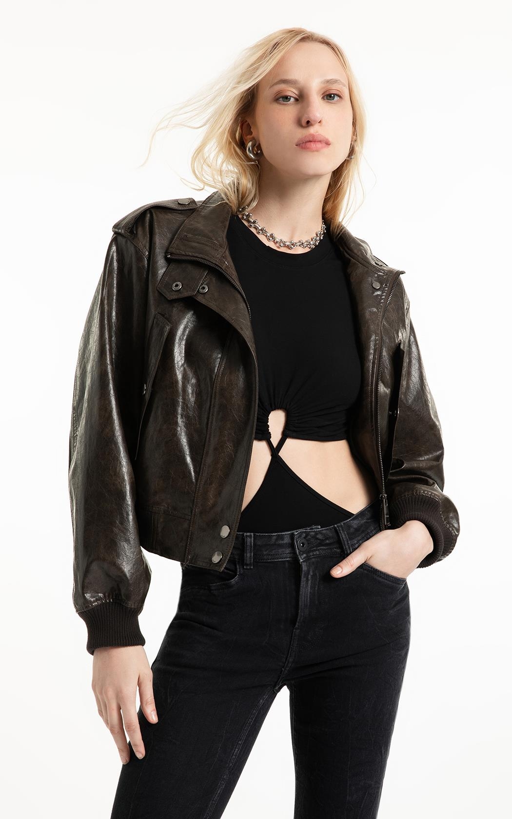 Jaqueta Vegan leather Aged Bomber Dark Brown