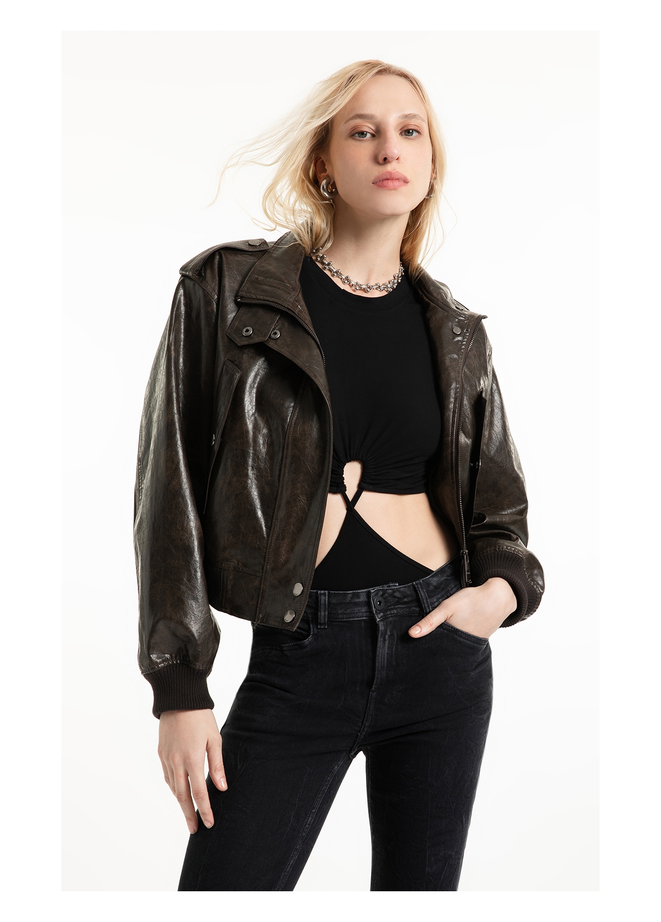 Jaqueta Vegan leather Aged Bomber Dark Brown
