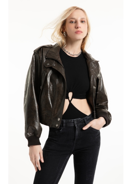 Jaqueta Vegan leather Aged Bomber Dark Brown