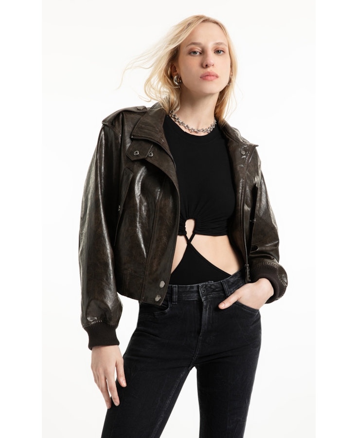 Jaqueta Vegan leather Aged Bomber Dark Brown
