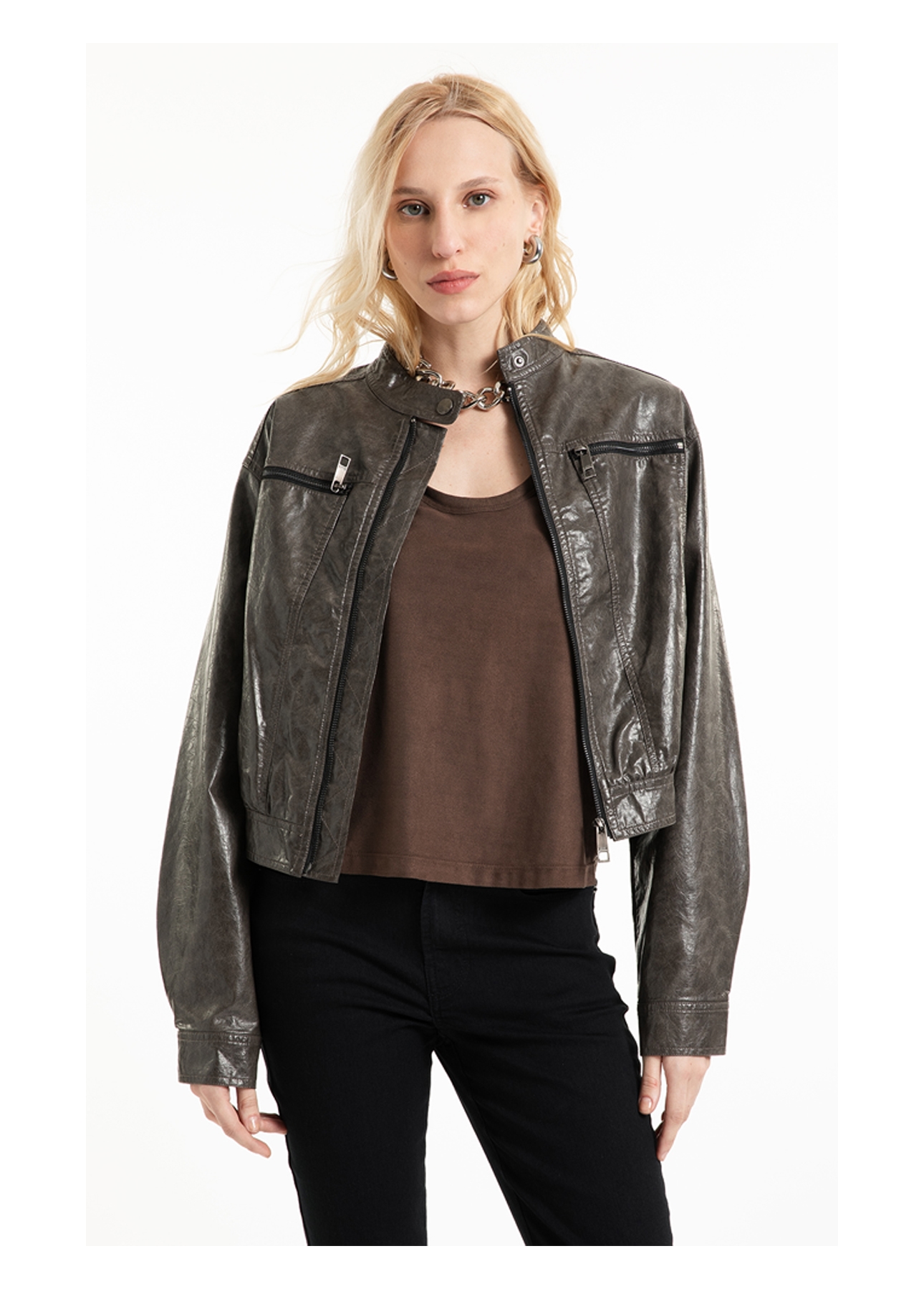 Jaqueta Vegan Leather  Biker Castor