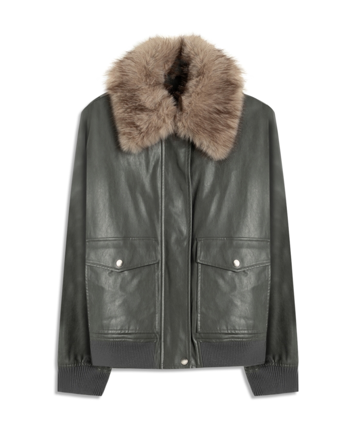 Jaqueta Vegan Leather Golf Bomber Fur Grafite