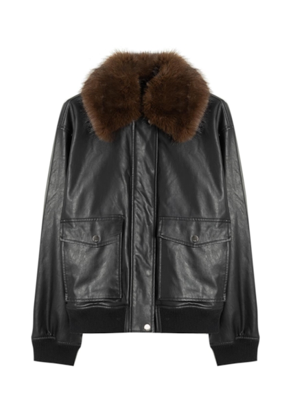 Jaqueta Vegan Leather Golf Bomber Fur Preto