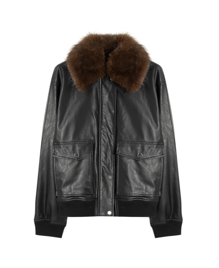 Jaqueta Vegan Leather Golf Bomber Fur Preto