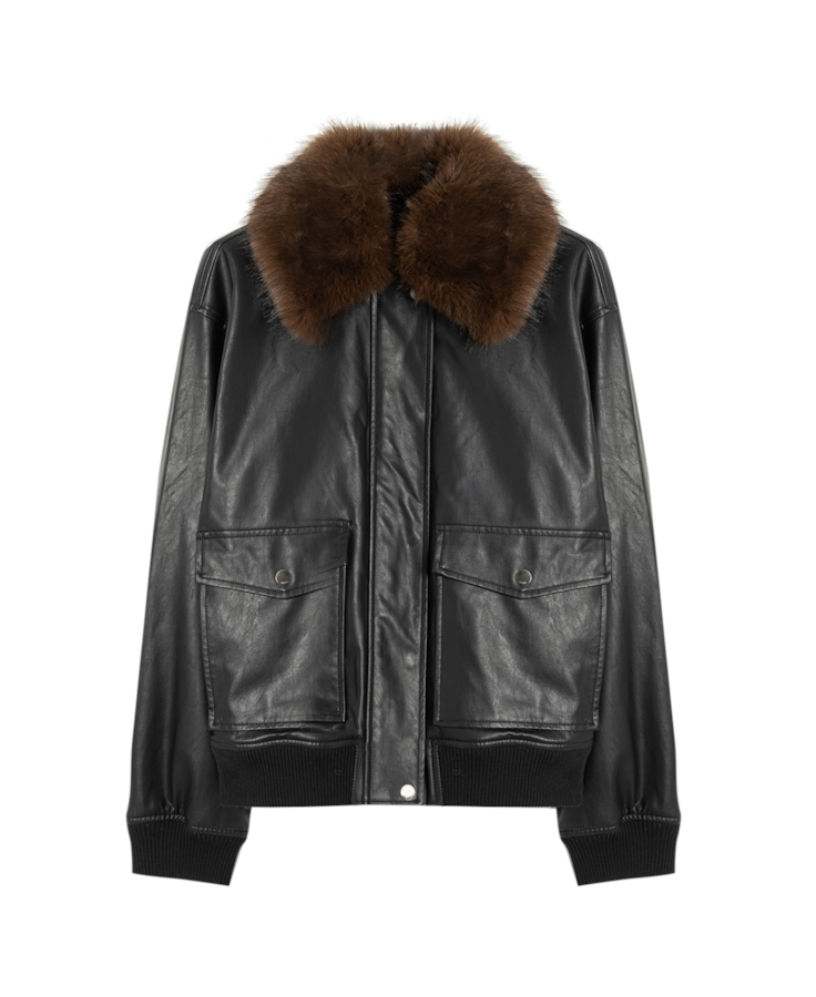 Jaqueta Vegan Leather Golf Bomber Fur Preto