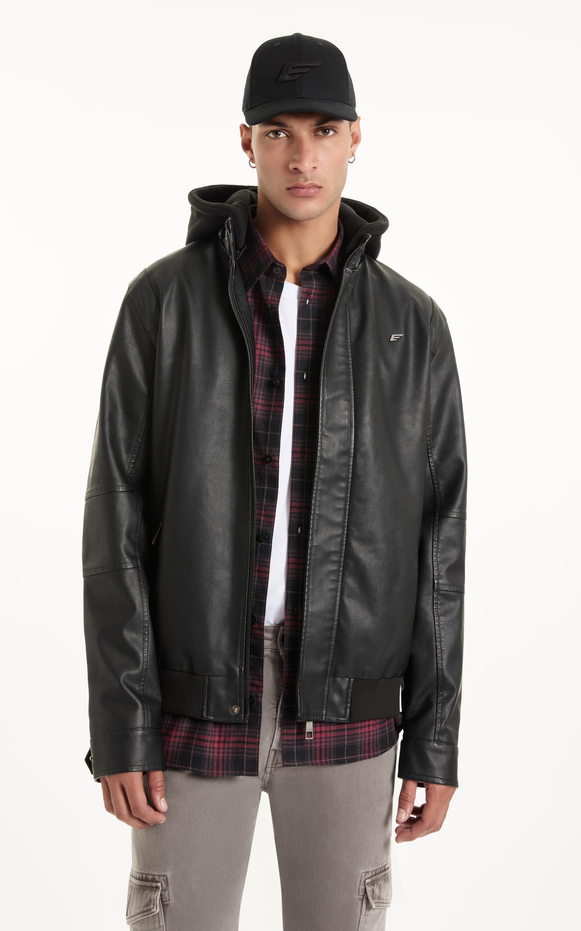 Jaqueta Vegan leather With Hood Preto