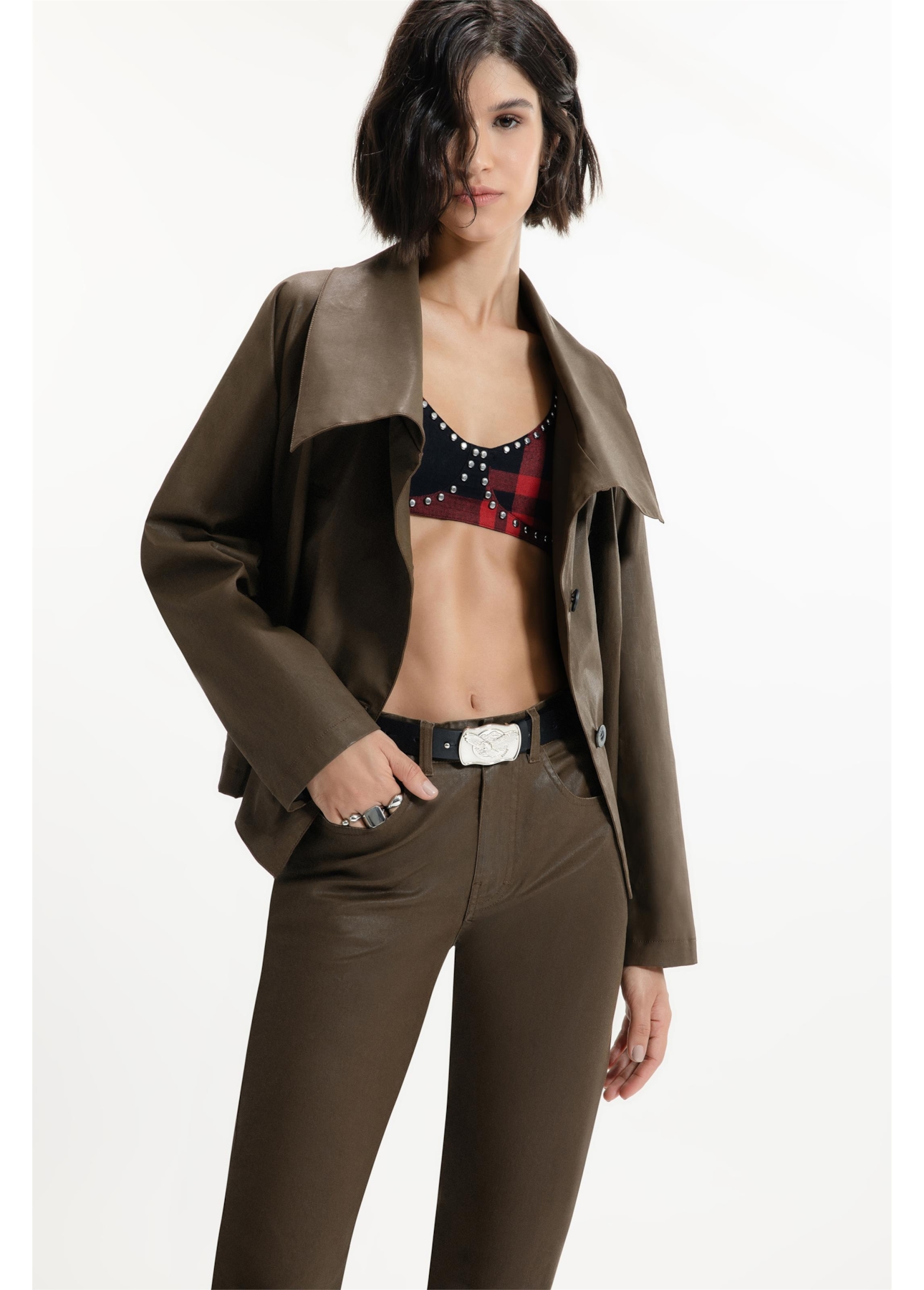 Leather Denim Overcoat Cropped Tabaco