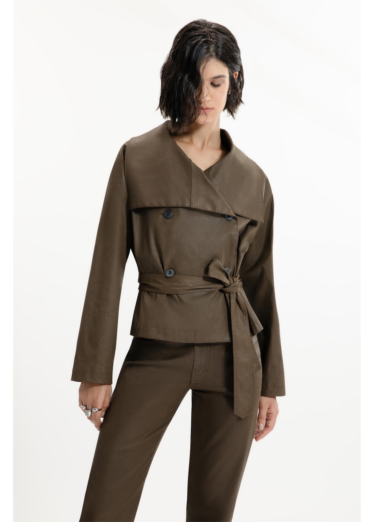 Leather Denim Overcoat Cropped Tabaco