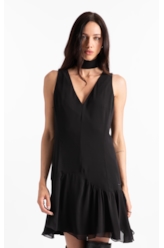 Microchiffon Asymmetric Sleevless Dress Preto