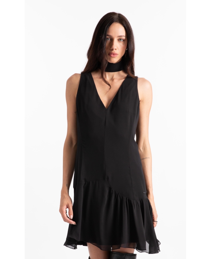 Microchiffon Asymmetric Sleevless Dress Preto