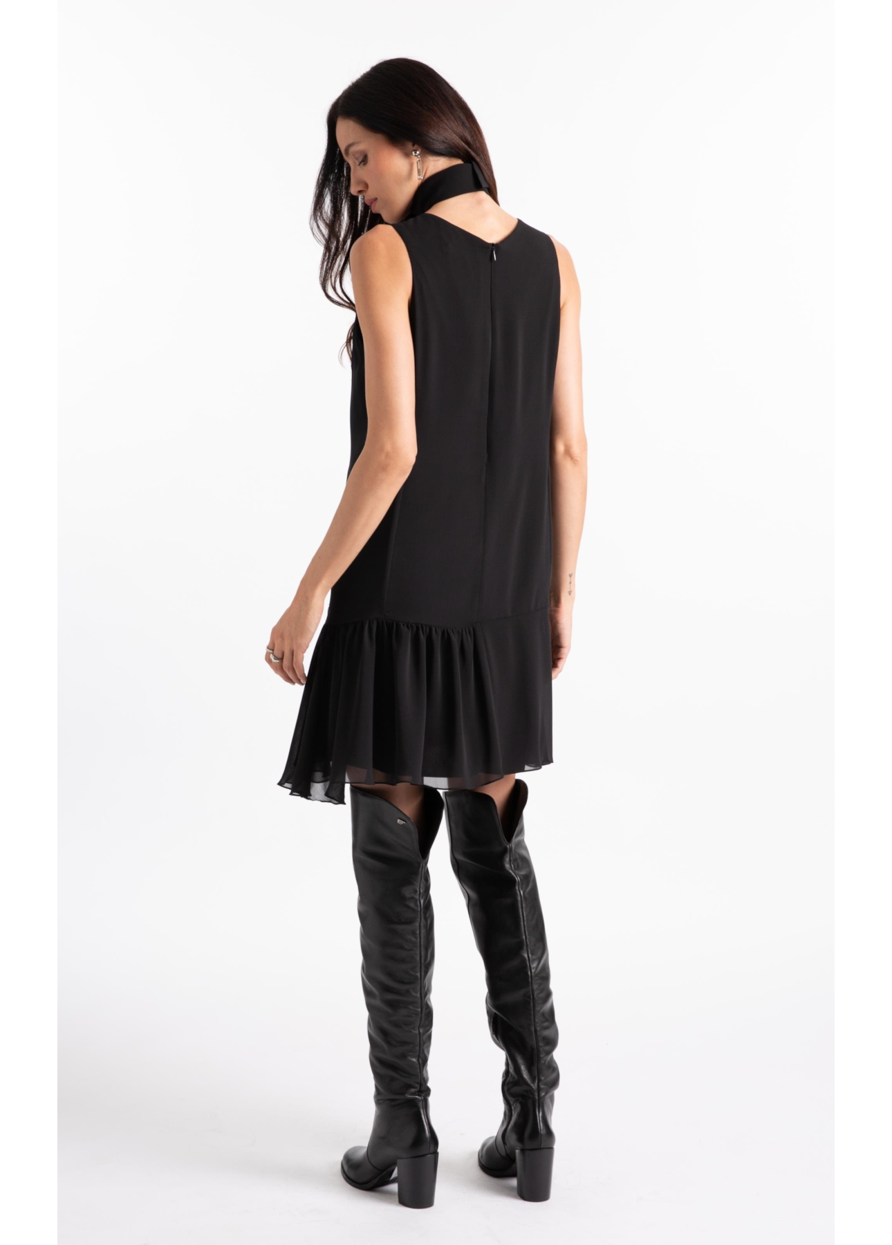 Microchiffon Asymmetric Sleevless Dress Preto