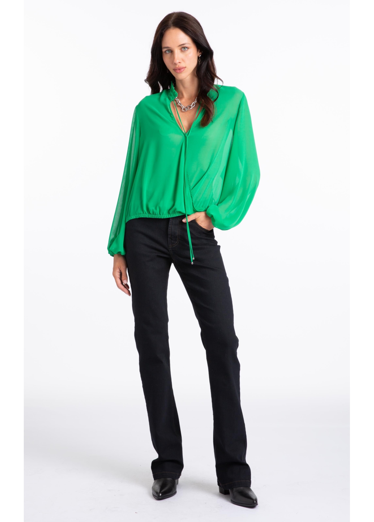 Microchiffon Traspass Puff Sleeves Verde Maca