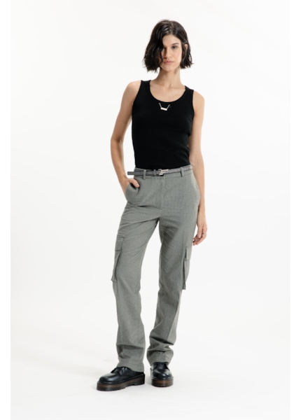 Mini Check Cargo Reta Pants Caqui