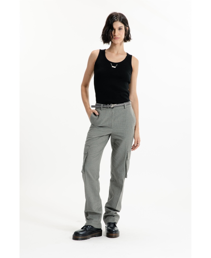 Mini Check Cargo Reta Pants Caqui