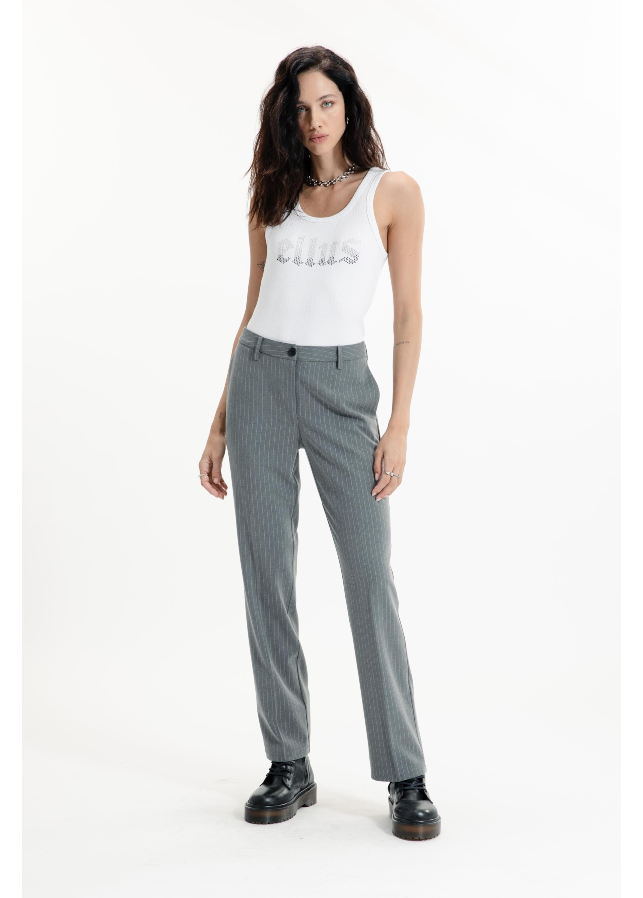 Nordic Stripe B. Embutido Reta Pants Cinza Medio
